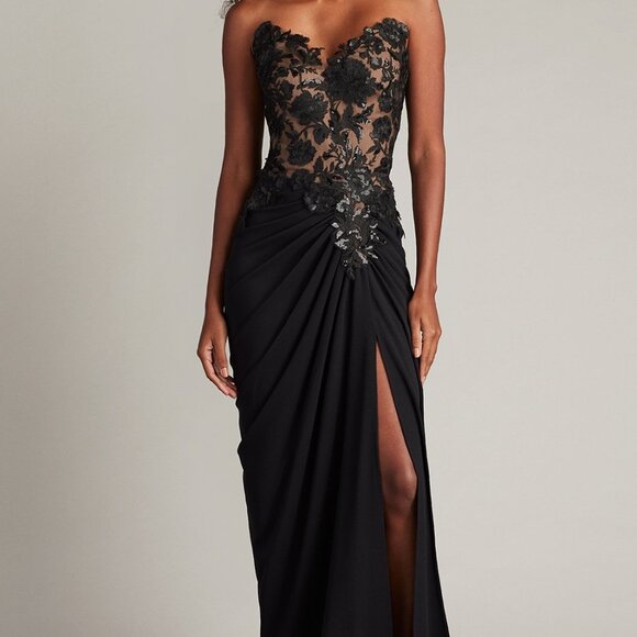 Tadashi Shoji Black Strapless Sequin Embroidered Gown - Picture 1 of 6